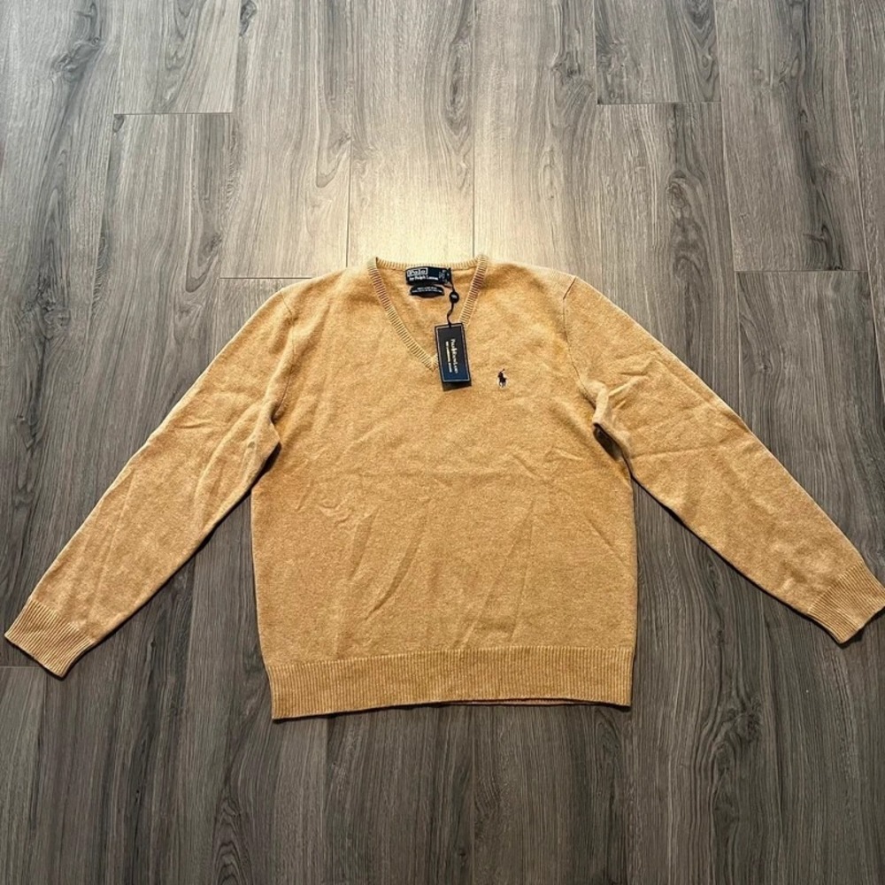NWT Polo by Ralph Lauren The Lambswool Sweater Tan V-Neck